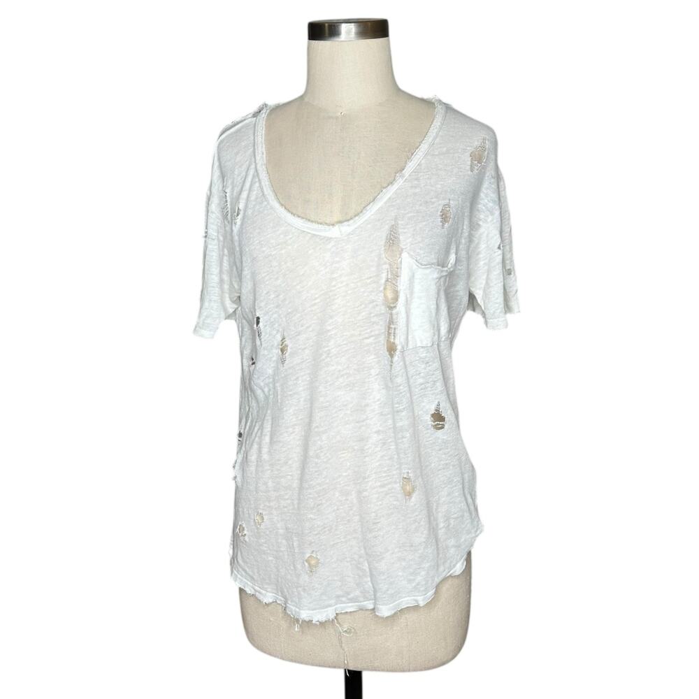 ANINE BING White Distressed V-Neck Holes T-Shirt Tee‎ Linen Women's Size XS Punk